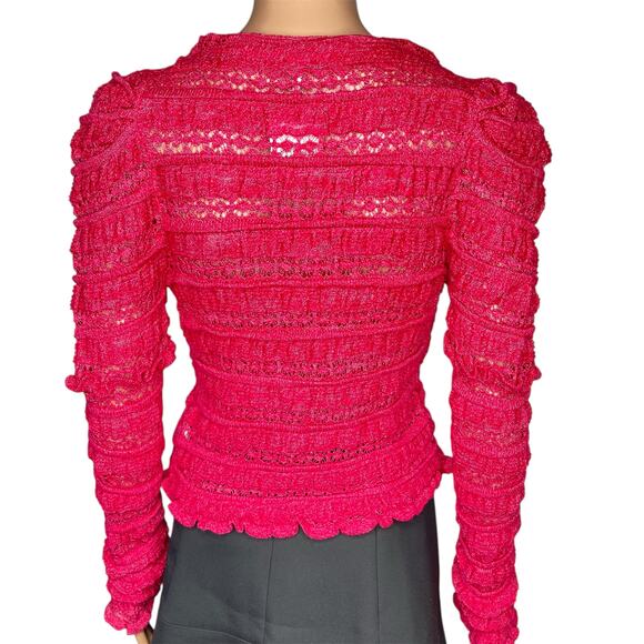 Free People Wild Roses Pink Ruffle Knit Cardigan Sweater NWT Size S Wild Berry - Picture 4 of 11